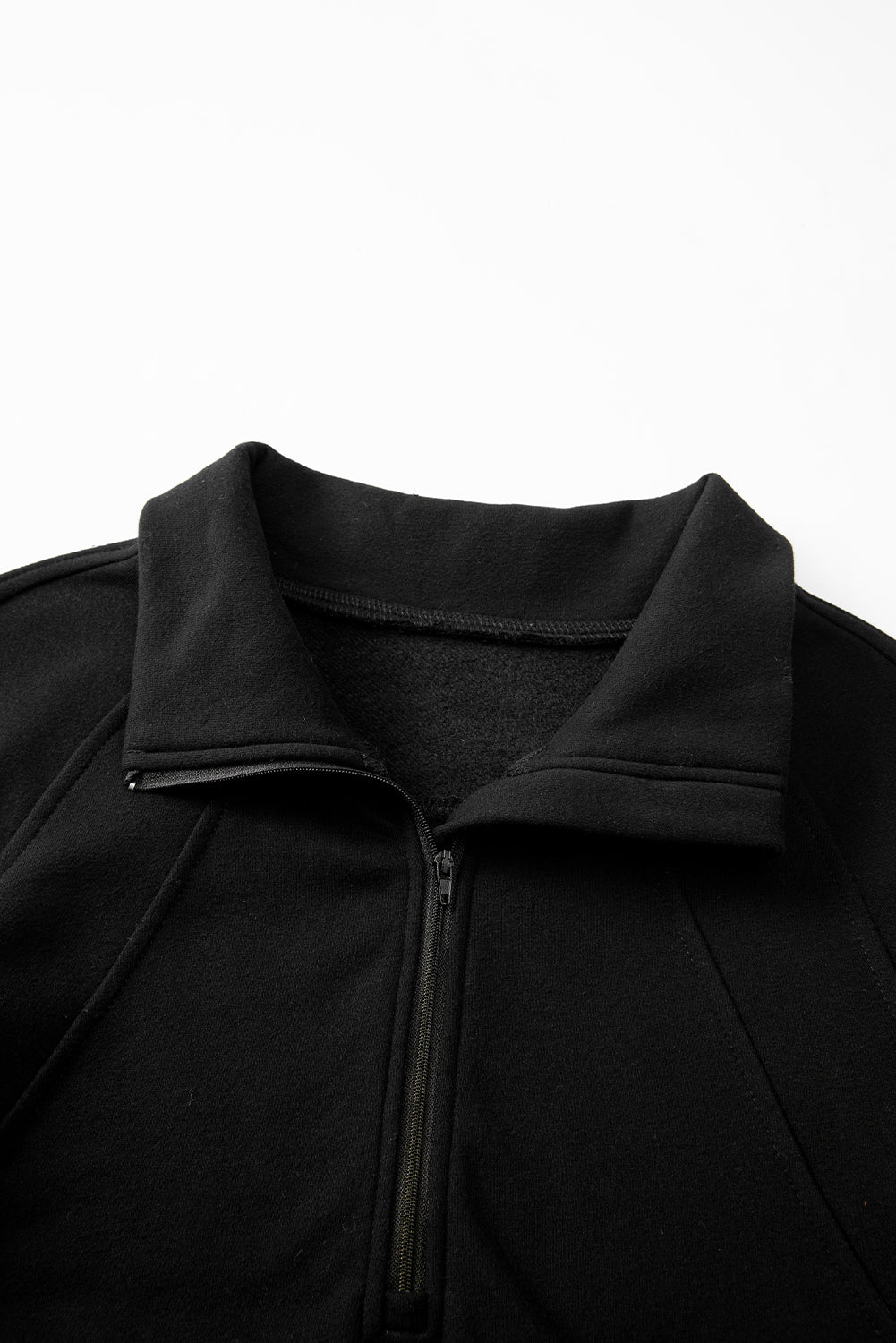 Black Zip Up Stand Collar Ribbed Thumbhole Sleeve Sweatshirt