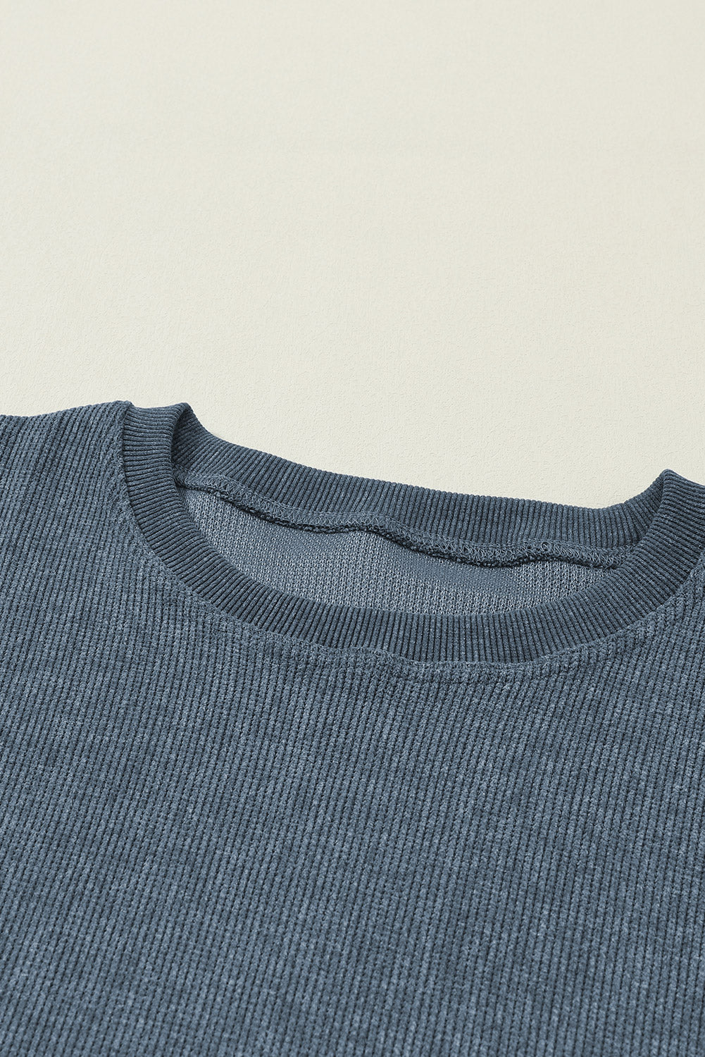 Blue Solid Ribbed Knit Round Neck Pullover Sweatshirt