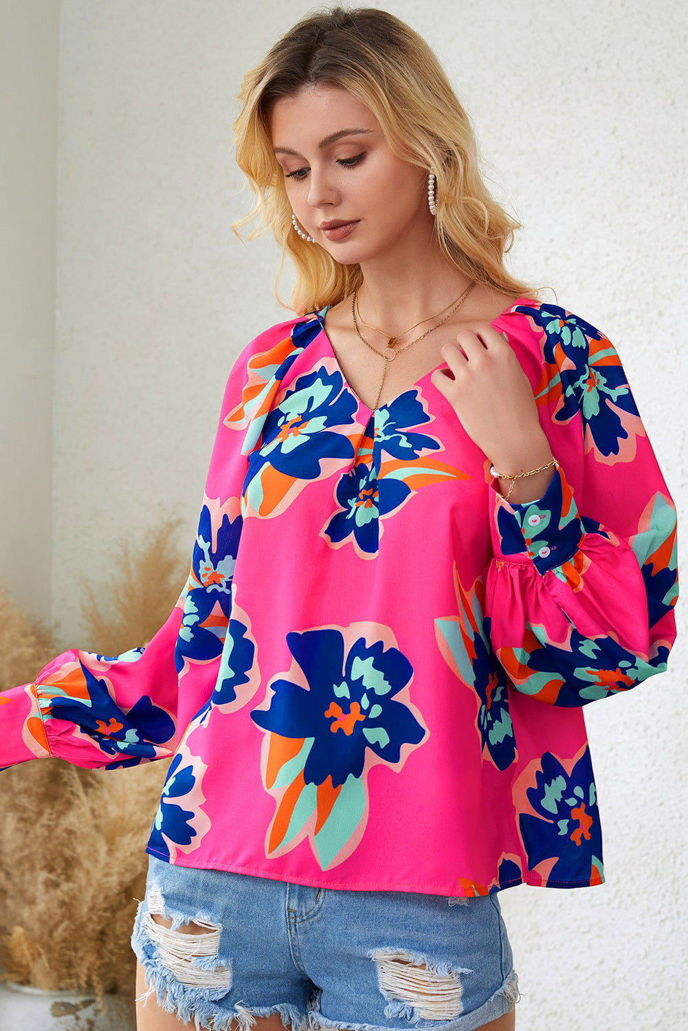 Multicolour Frill Collar Split Neck Long Sleeve Floral Dress