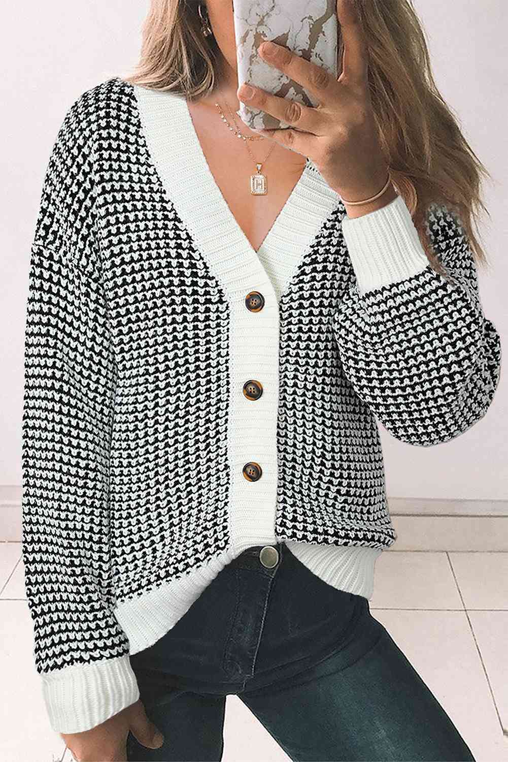 Woven Right Waffle-Knit Drop Shoulder Button-Down Cardigan